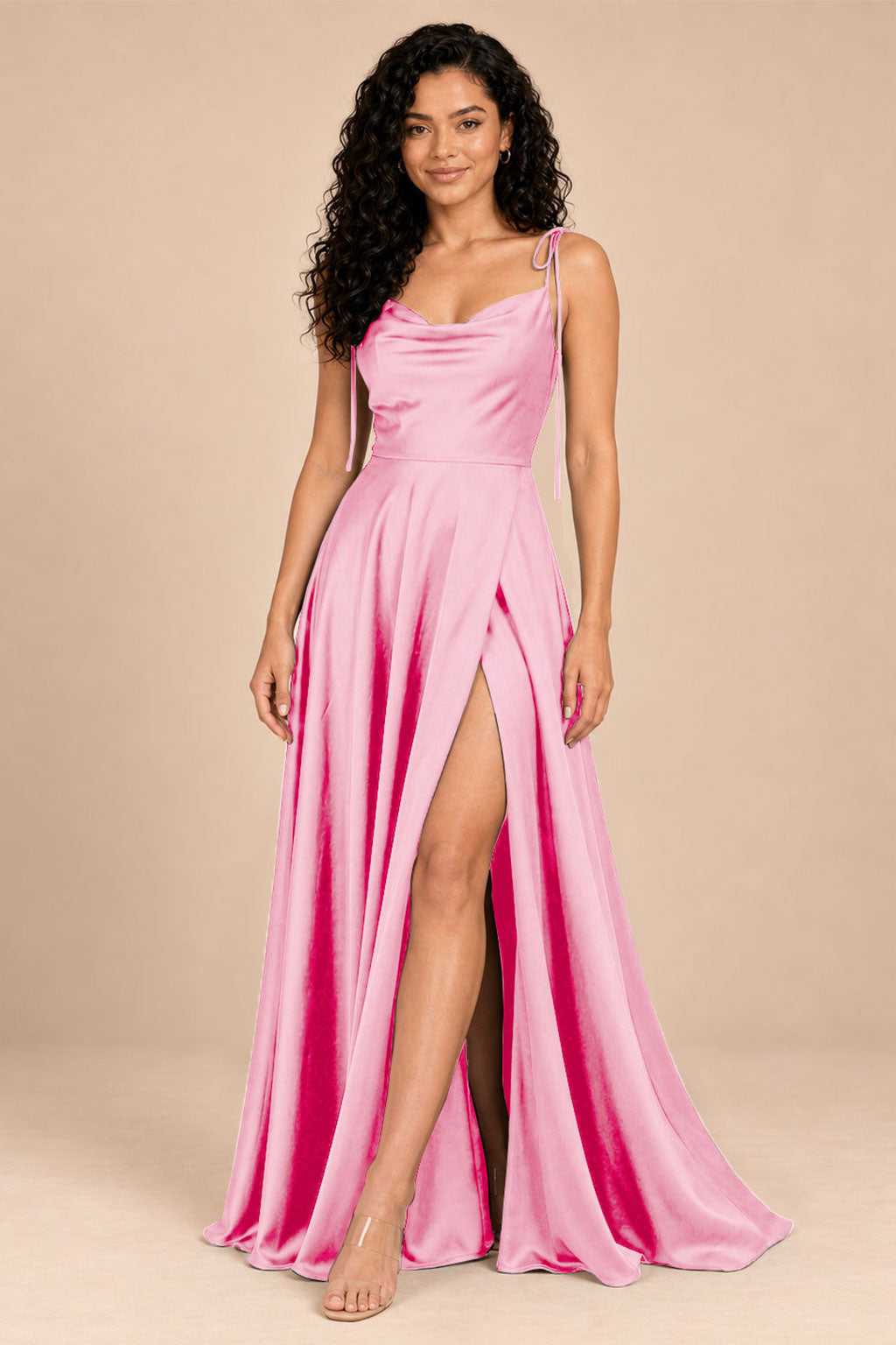 pink satin spaghetti straps cowl neck bridesmaid dress, front view