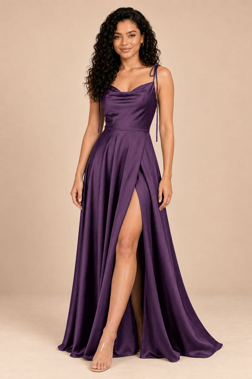 plum satin spaghetti straps cowl neck bridesmaid dress, front view