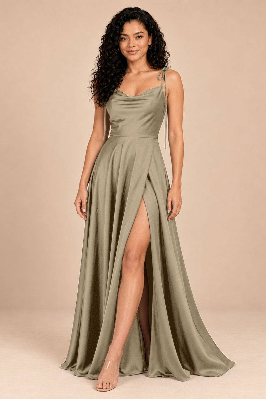 taupe satin spaghetti straps cowl neck bridesmaid dress, front view