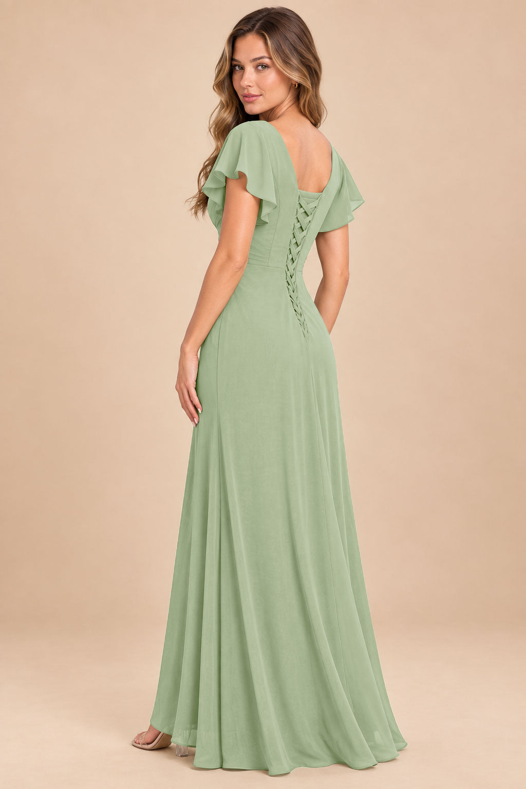 sage green ruffles flutter sleeve chiffon slit bridesmaid dress, back view