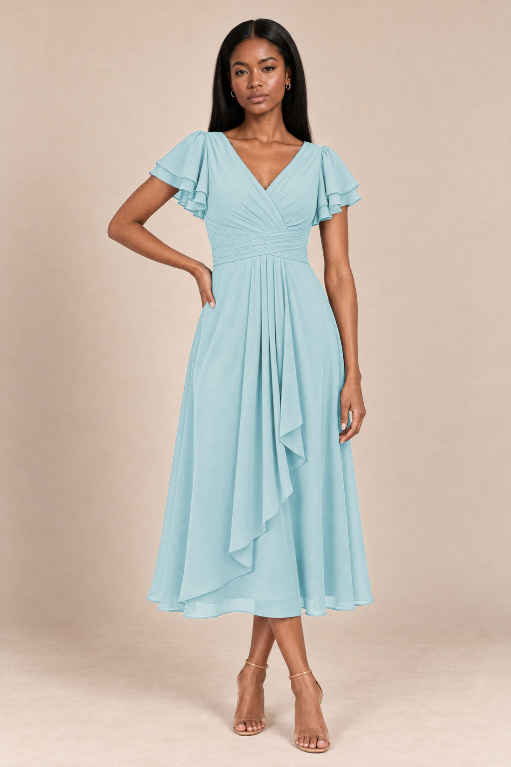 a0019 baby blue flutter sleeve midi v neck dress, front view