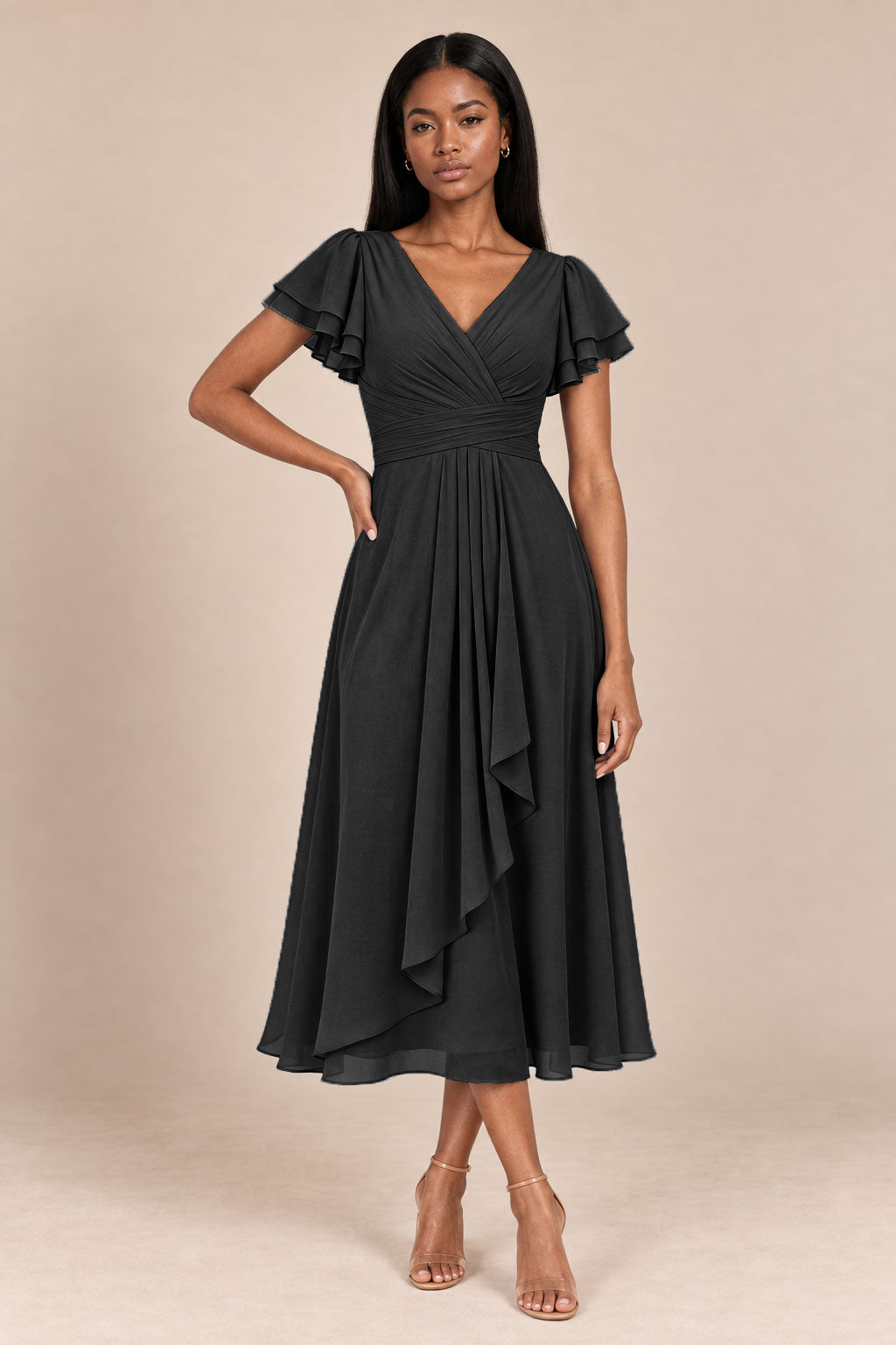 a0019 black flutter sleeve midi v neck dress, front view