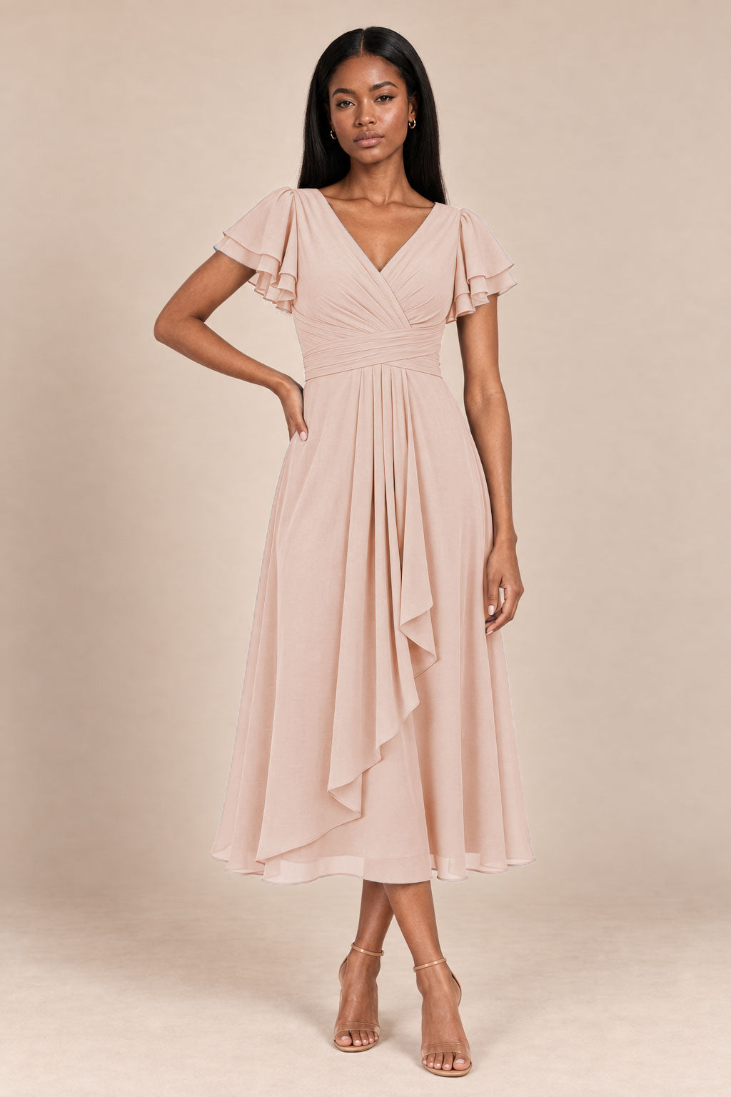 a0019 blush pink flutter sleeve midi v neck dress, front view