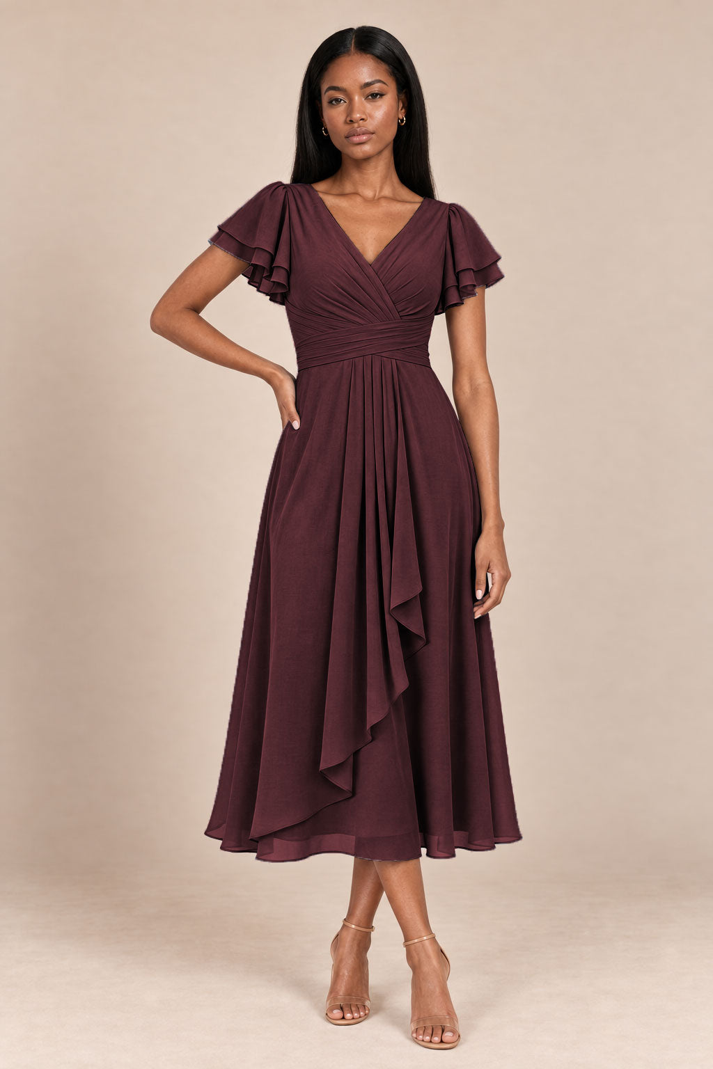 a0019 burgundy flutter sleeve midi v neck dress, front view