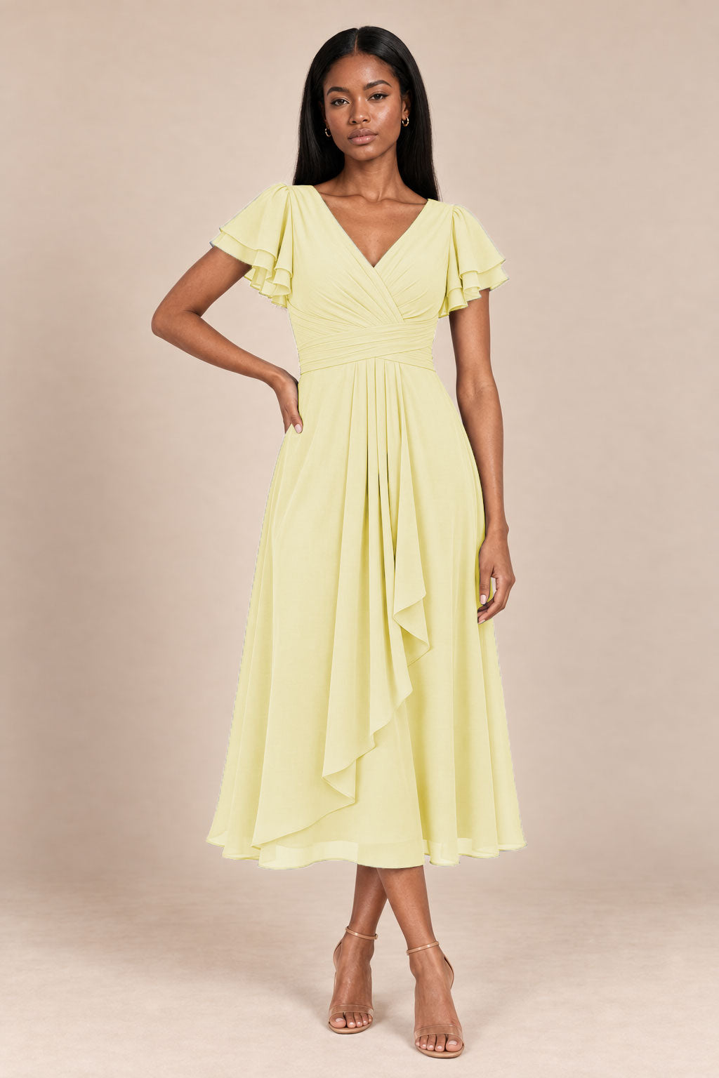 a0019 butter yellow flutter sleeve midi v neck dress, front view