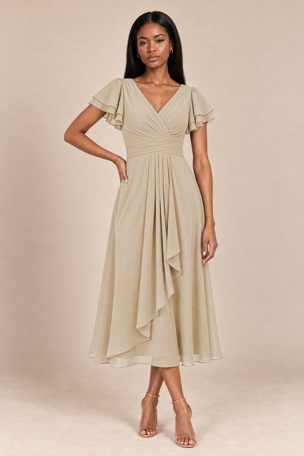 a0019 champagne flutter sleeve midi v neck dress, front view