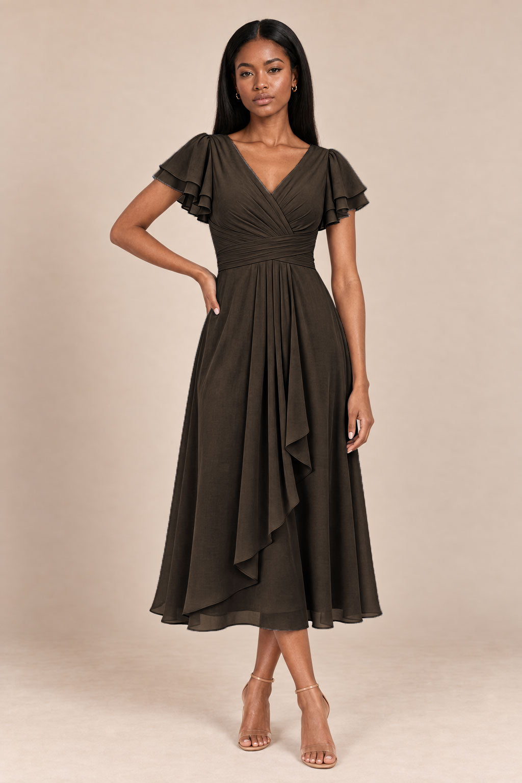 a0019 chocolate brown flutter sleeve midi v neck dress, front view