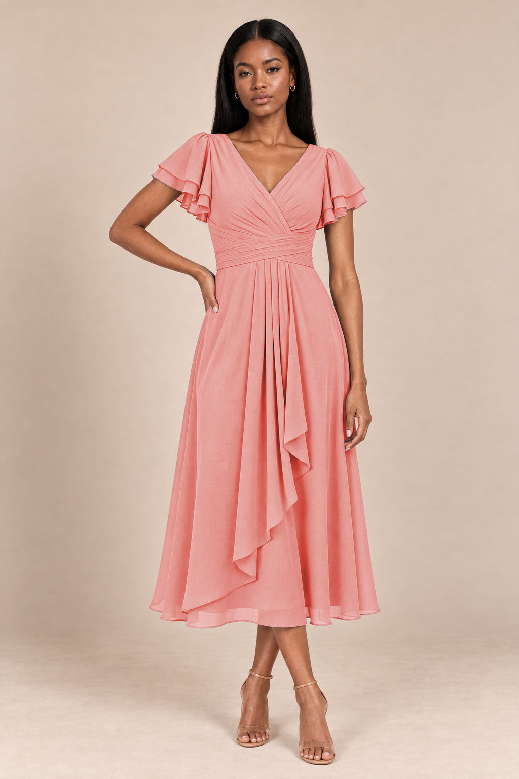 a0019 coral flutter sleeve midi v neck dress, front view
