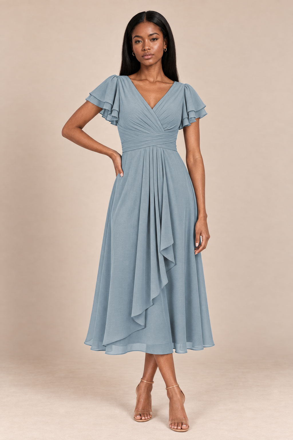 a0019 Dusty Blue flutter sleeve midi v neck dress, front view