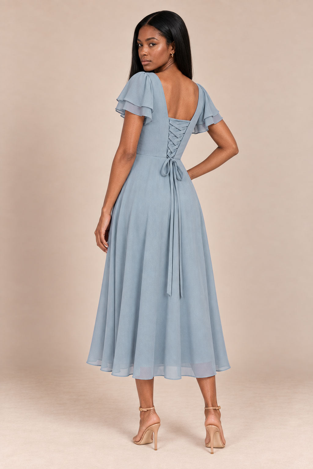 a0019 Dusty Blue flutter sleeve midi v neck dress, lace-up back view