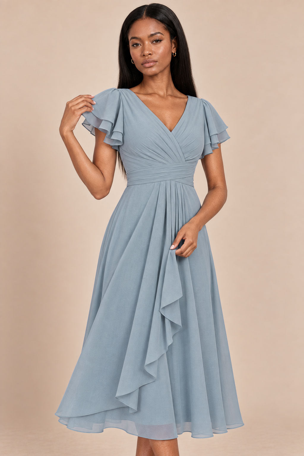 a0019 Dusty Blue flutter sleeve midi v neck dress, ruched bodice detail