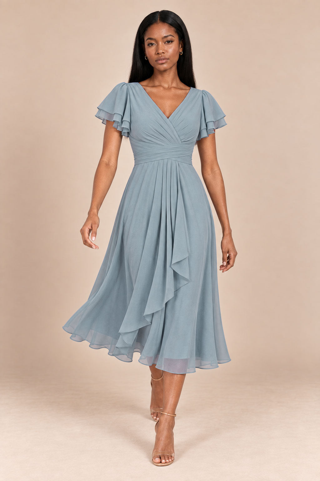 a0019 Dusty Blue flutter sleeve midi v neck dress, walking show