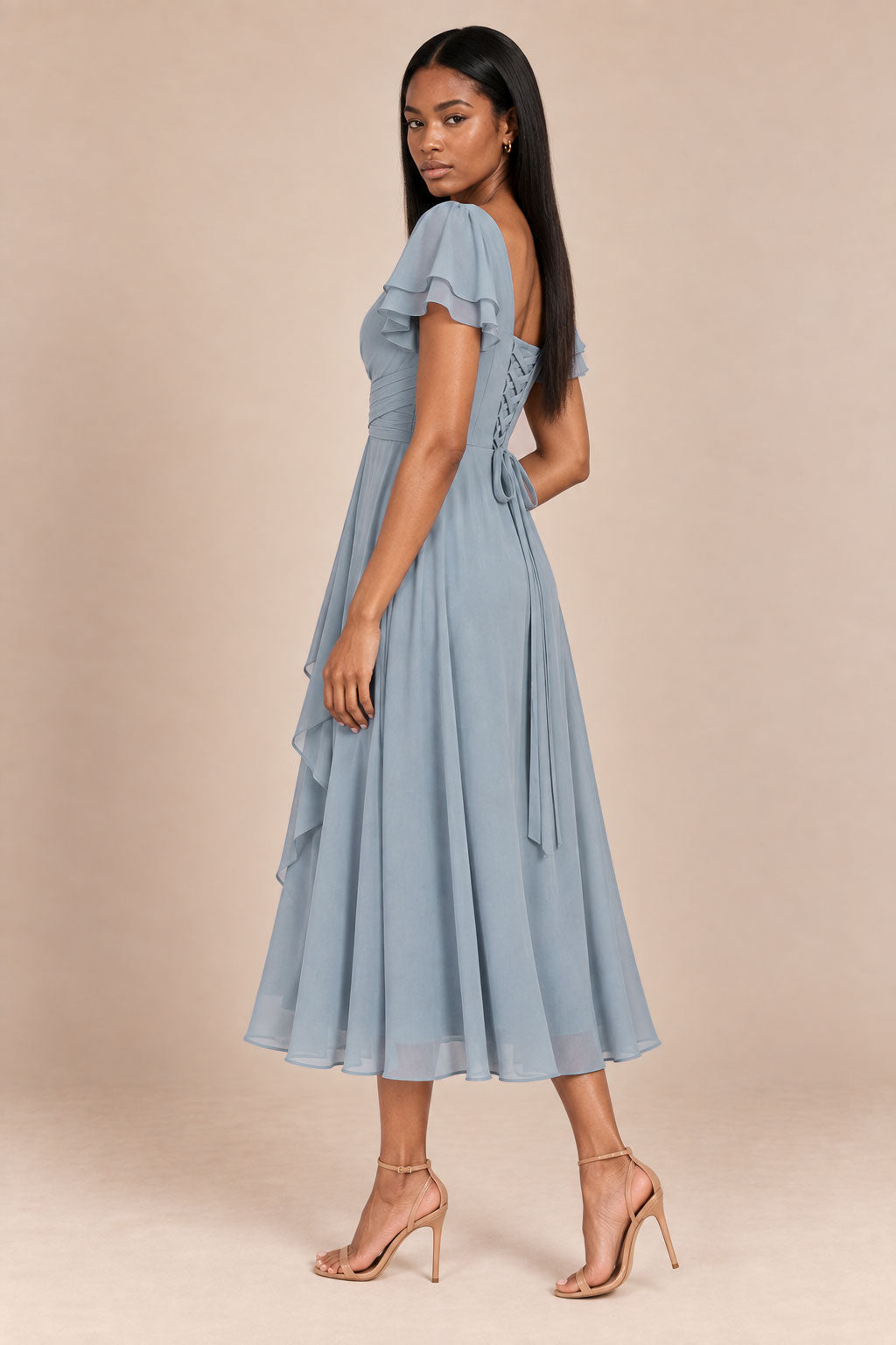 a0019 Dusty Blue flutter sleeve midi v neck dress, side scene