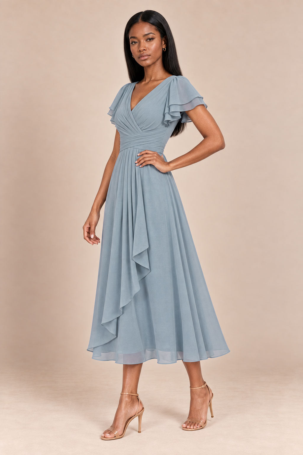 a0019 Dusty Blue one-shoulder chiffon dresses, walking side scene