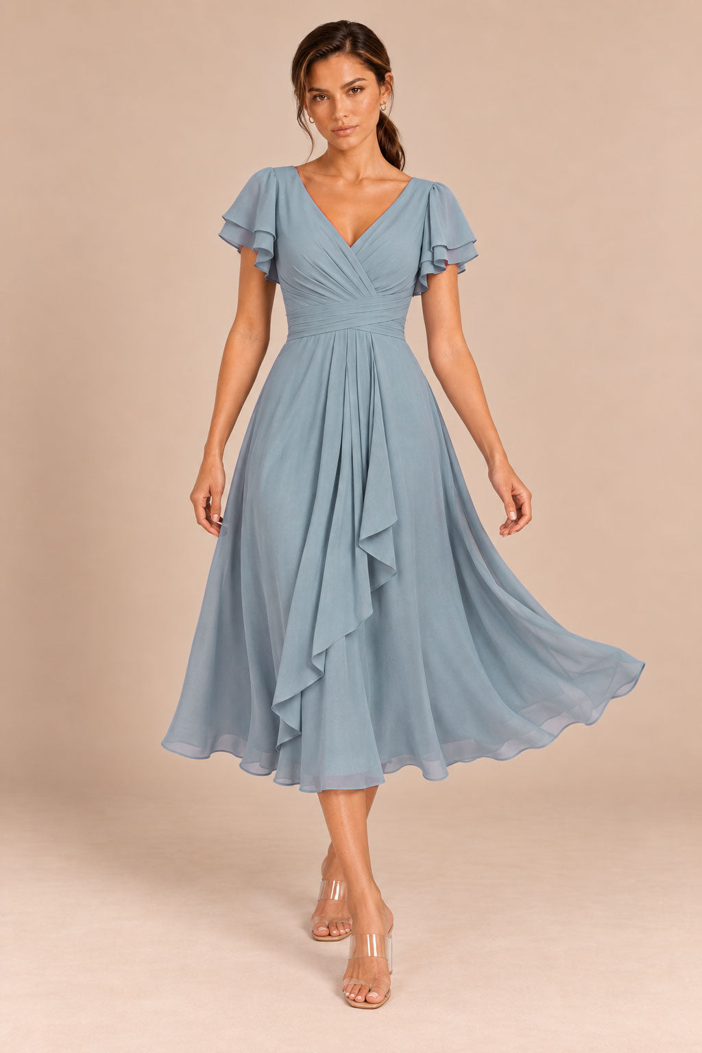 a0019 Dusty Blue one-shoulder chiffon dresses, movement scene