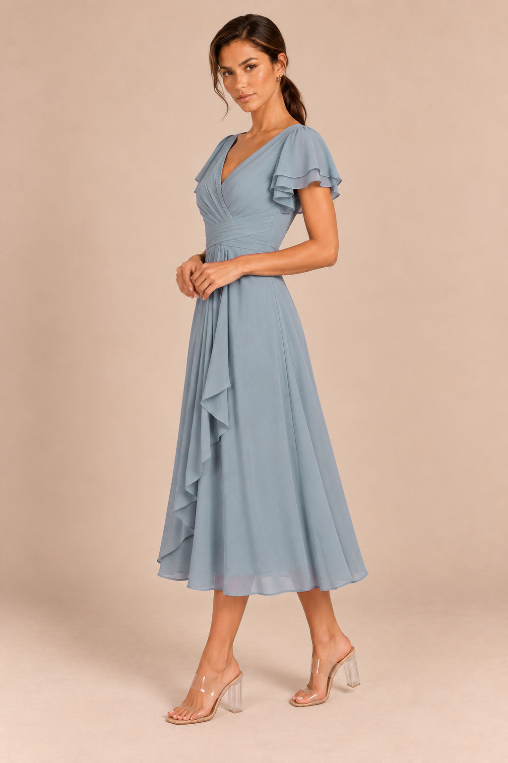 a0019 Dusty Blue one-shoulder chiffon dresses, side walking scene