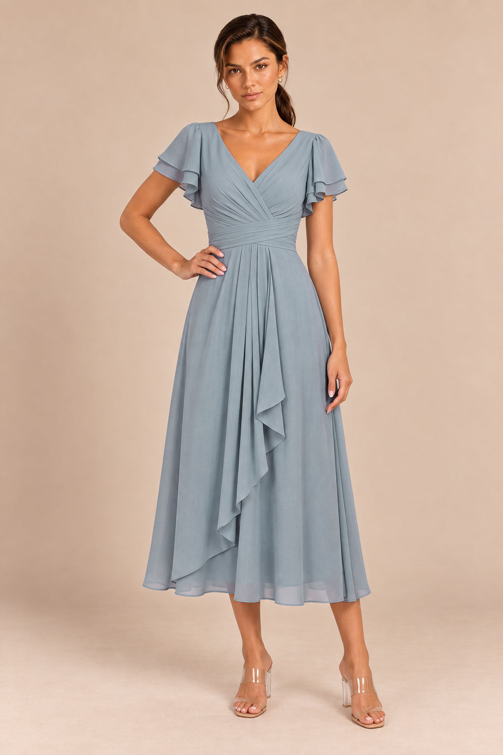a0019 Dusty Blue one-shoulder chiffon dresses, bodice scene