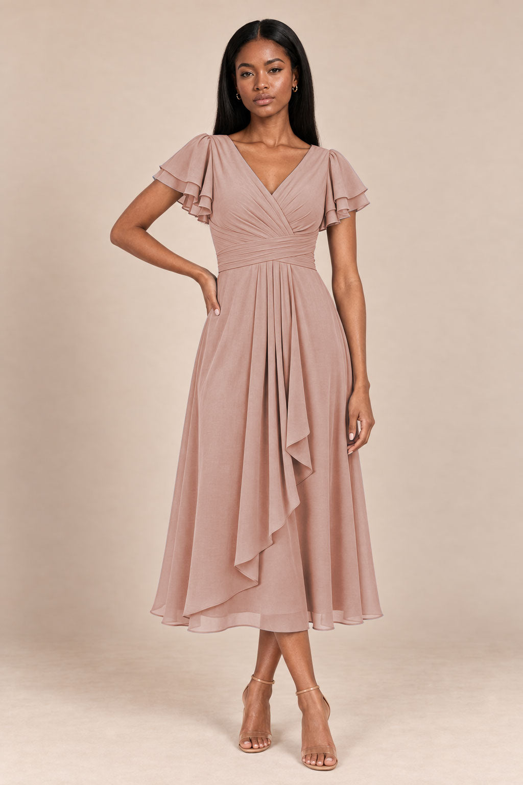 a0019 dusty rose flutter sleeve midi v neck dress, front view