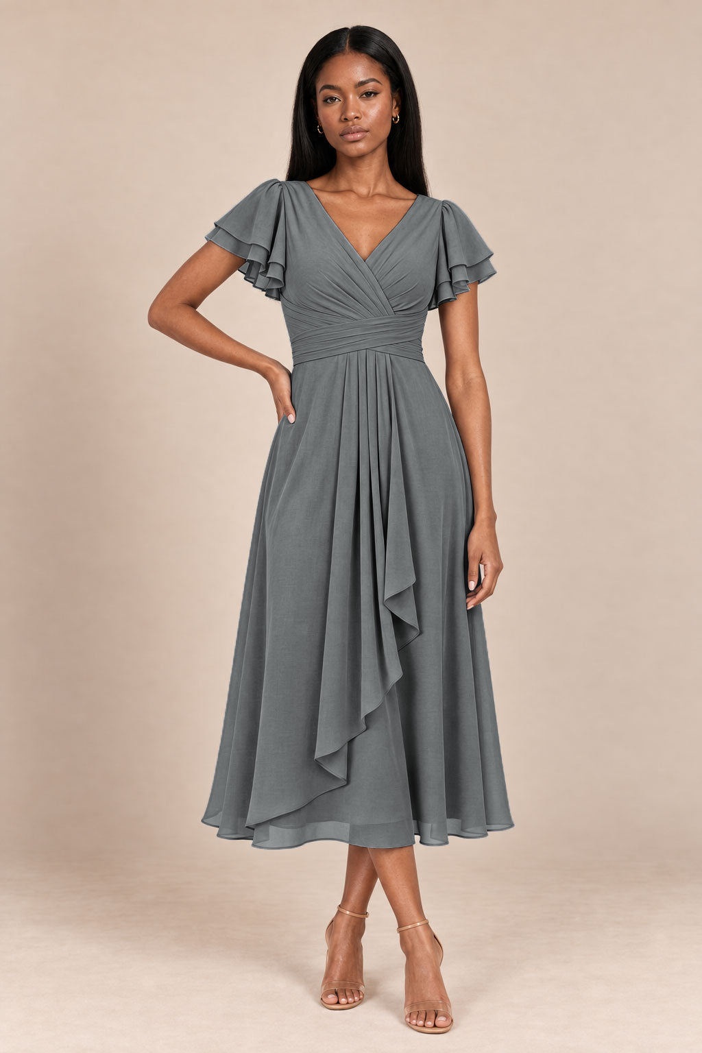 a0019 gray flutter sleeve midi v neck dress, front view