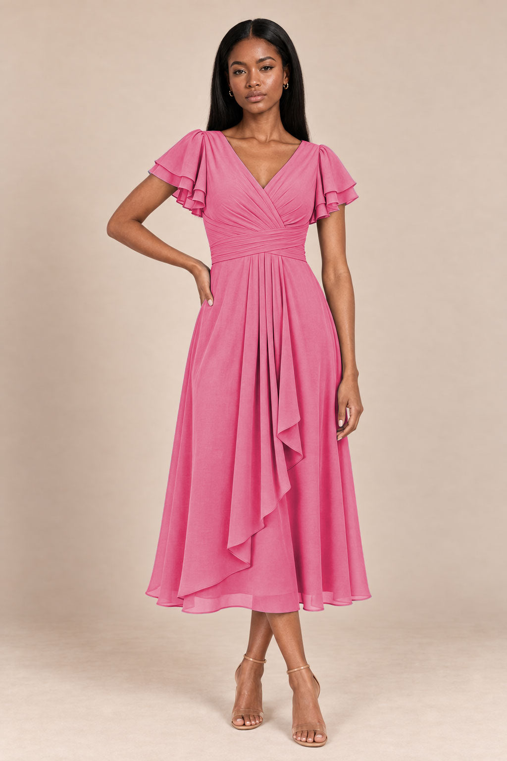 a0019 hot pink flutter sleeve midi v neck dress, front view