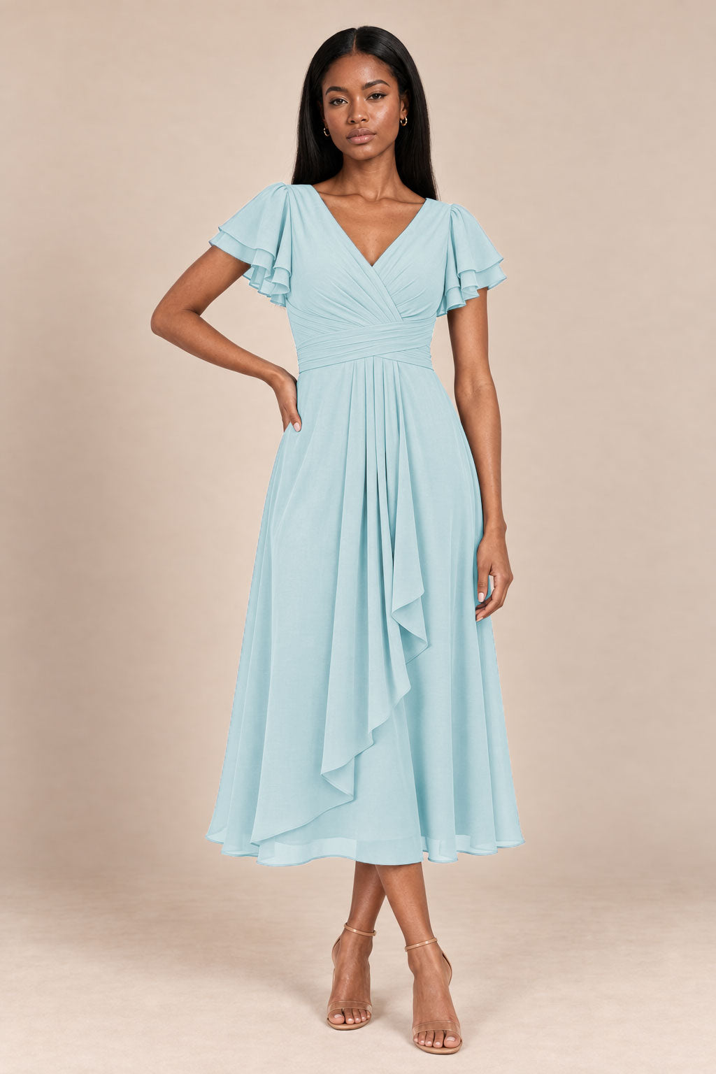 a0019 ice blue flutter sleeve midi v neck dress, front view