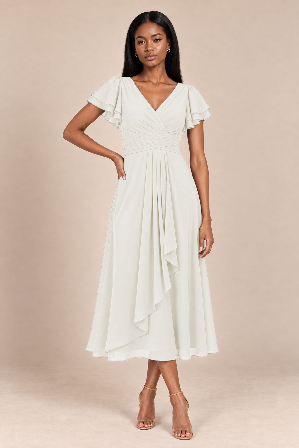 a0019 ivory flutter sleeve midi v neck dress, front view