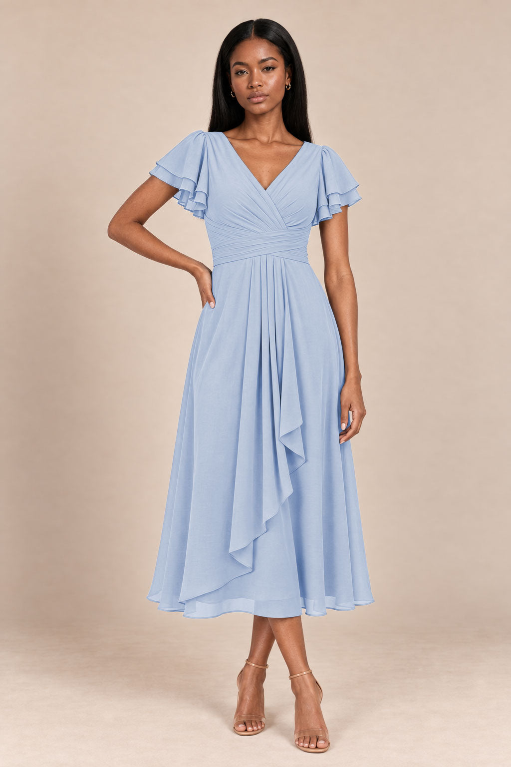 a0019 lavender flutter sleeve midi v neck dress, front view