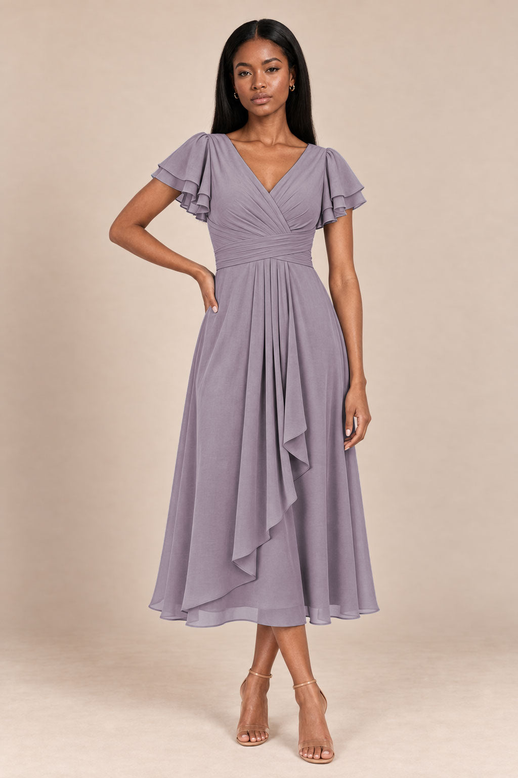 a0019 mauve flutter sleeve midi v neck dress, front view