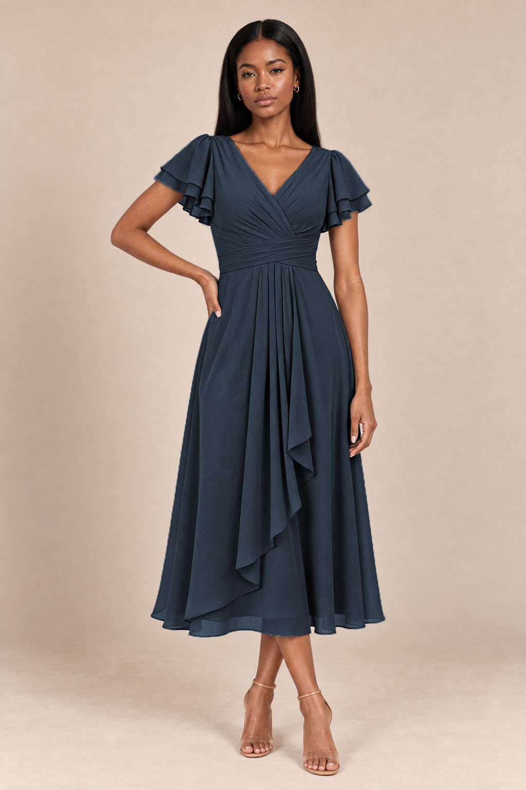 a0019 navy blue flutter sleeve midi v neck dress, front view