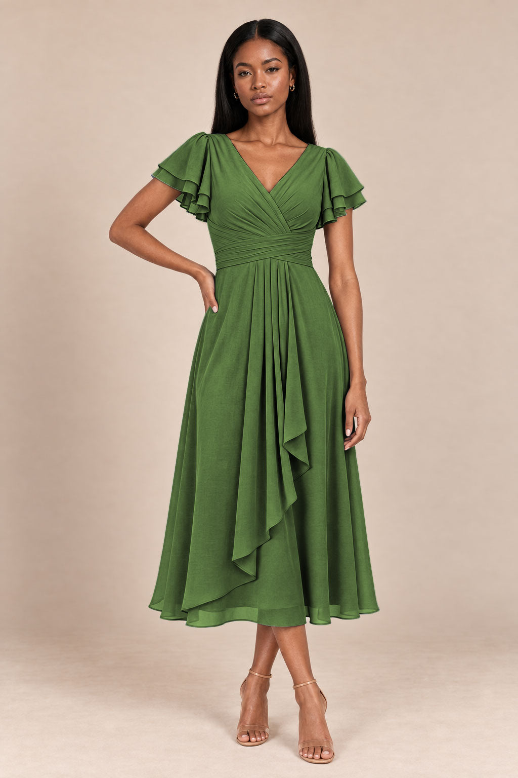 a0019 olive green flutter sleeve midi v neck dress, front view