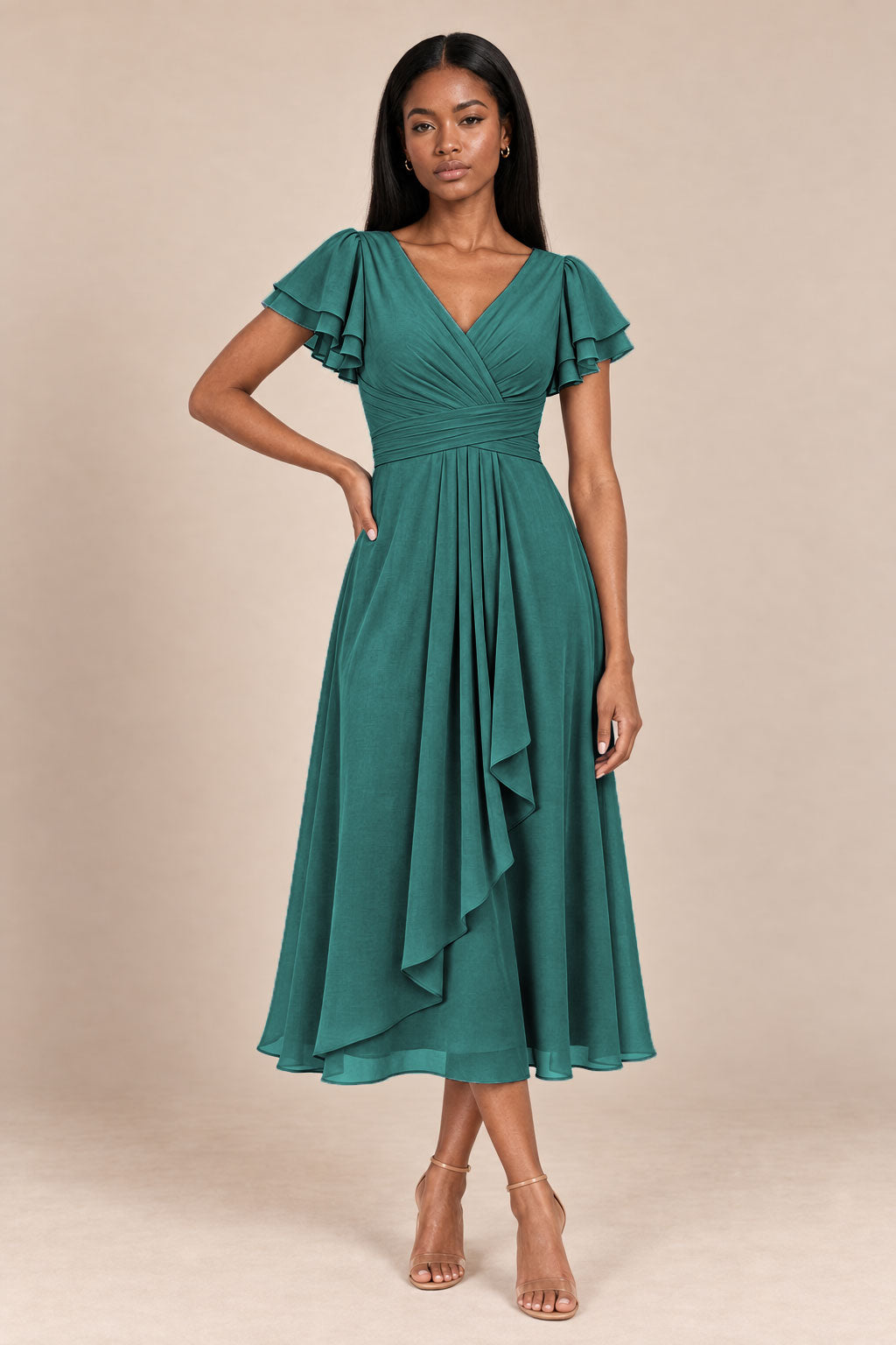 a0019 peacock flutter sleeve midi v neck dress, front view