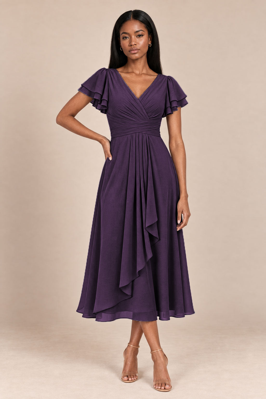 a0019 plum flutter sleeve midi v neck dress, front view