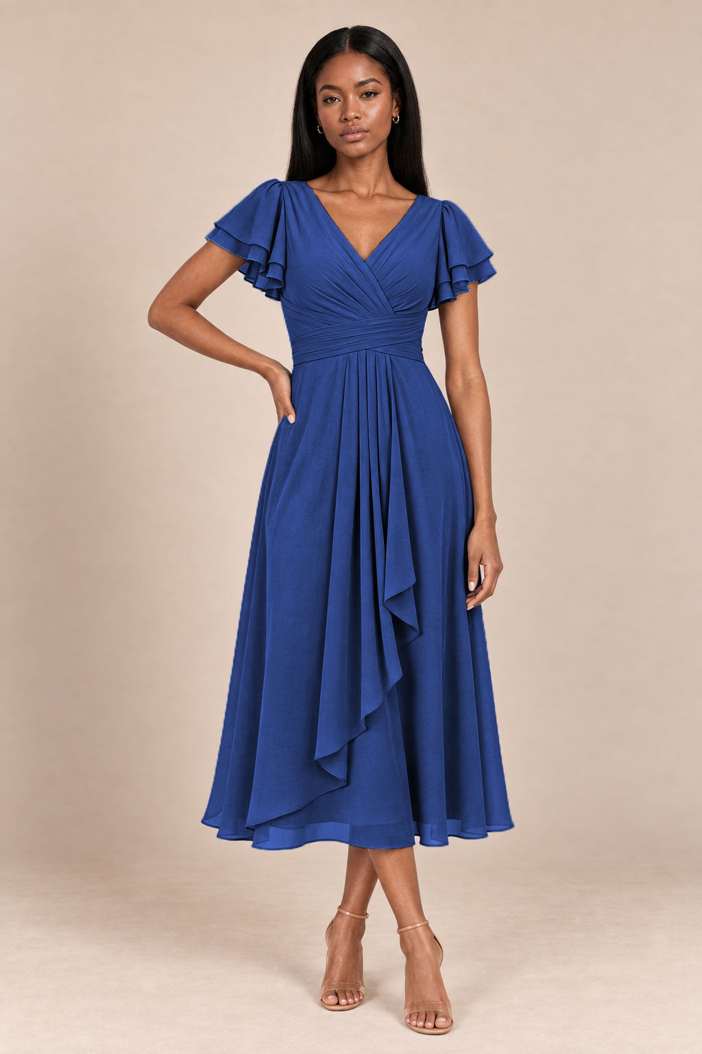 a0019 royal blue flutter sleeve midi v neck dress, front view