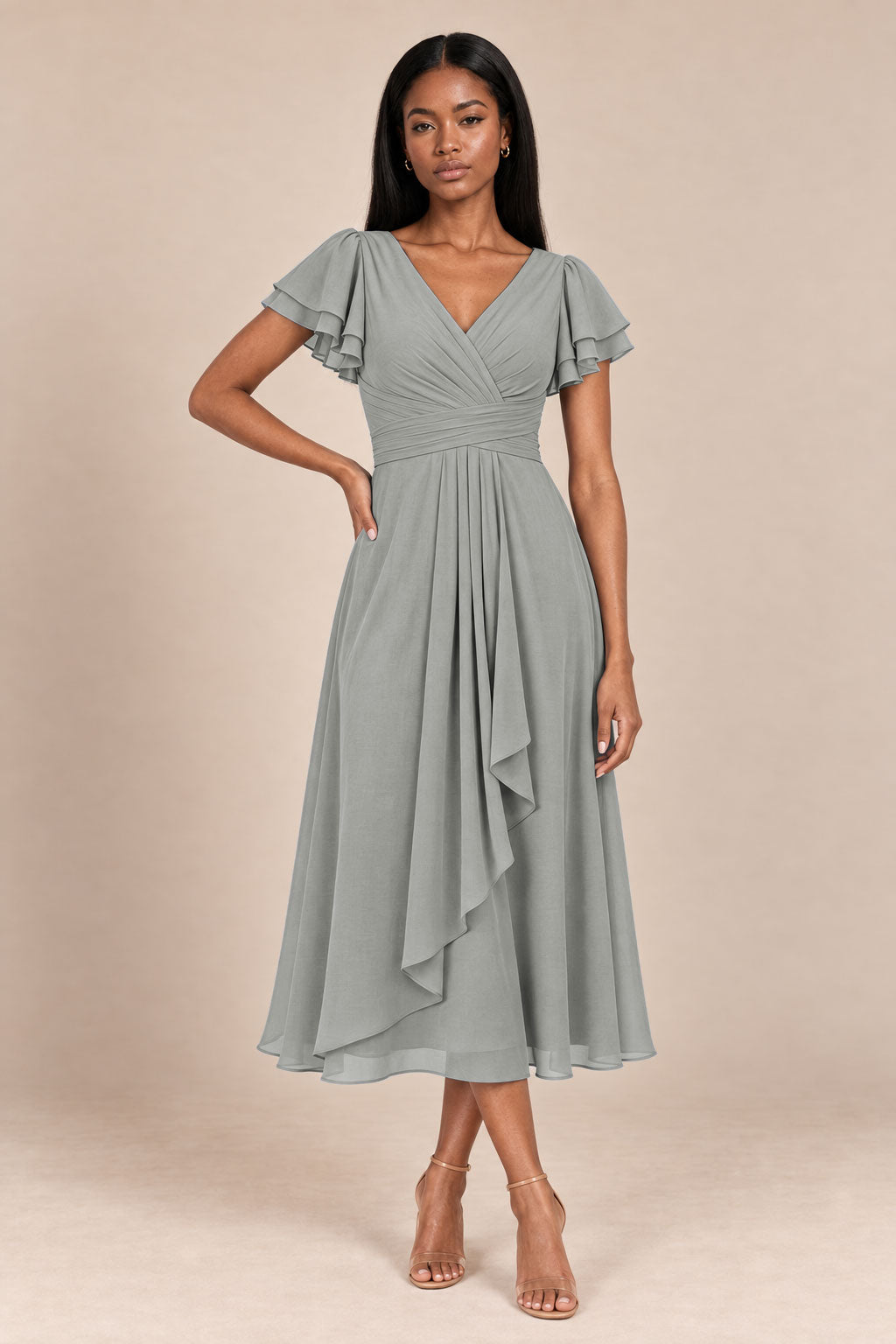 a0019 silver flutter sleeve midi v neck dress, front view