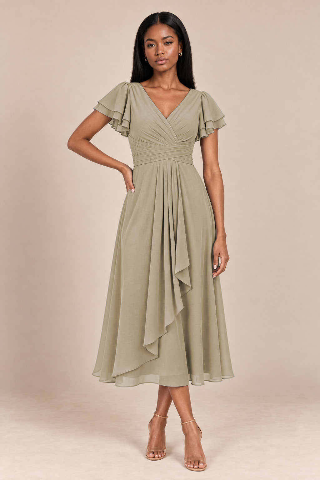 a0019 taupe flutter sleeve midi v neck dress, front view