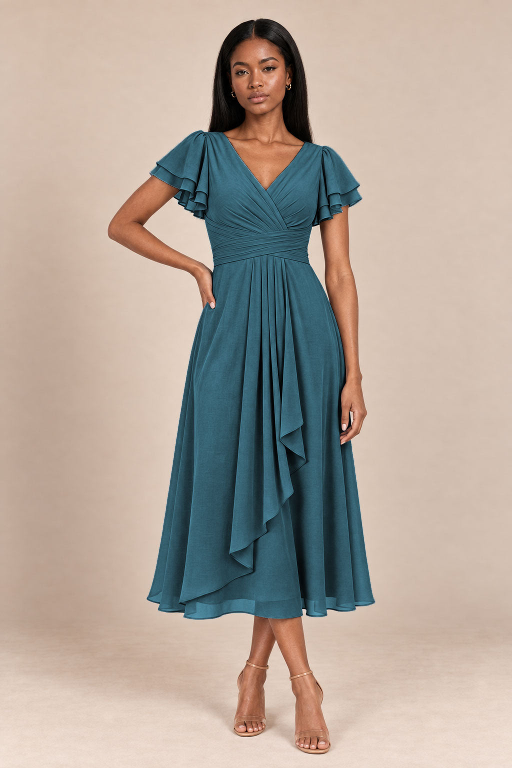 a0019 teal flutter sleeve midi v neck dress, front view
