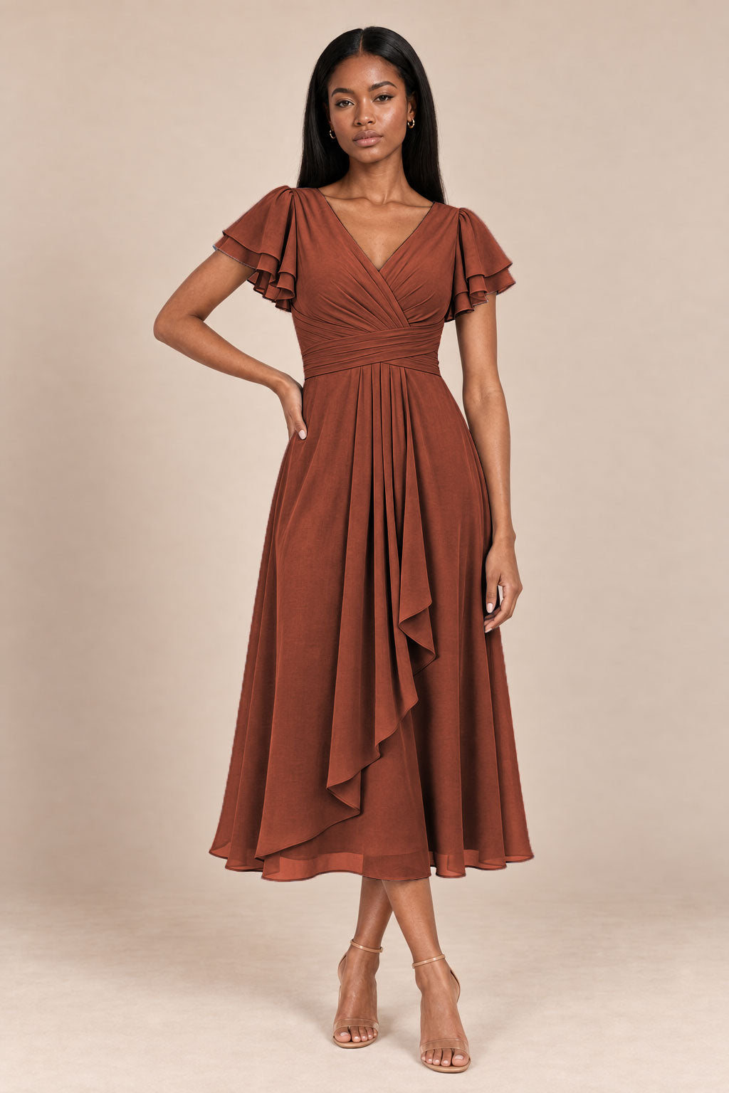 a0019 terracotta flutter sleeve midi v neck dress, front view