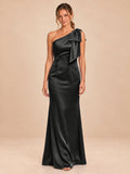 One-Shoulder Bow Satin Bridesmaid Dress