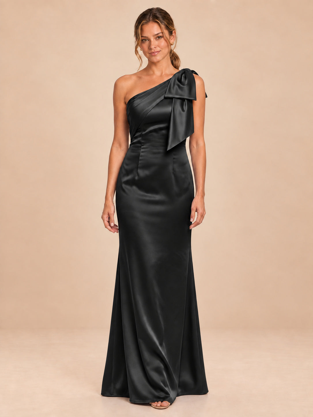 One-Shoulder Bow Satin Bridesmaid Dress