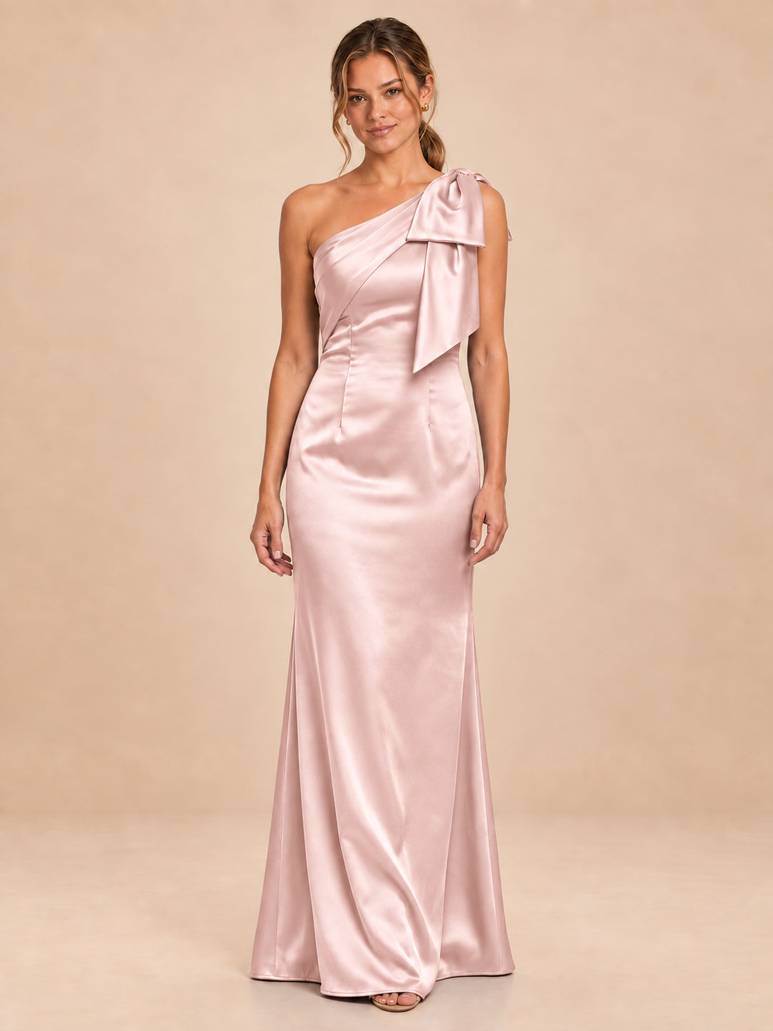 One-Shoulder Bow Satin Bridesmaid Dress