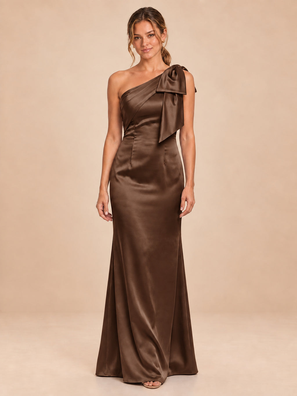 One-Shoulder Bow Satin Bridesmaid Dress