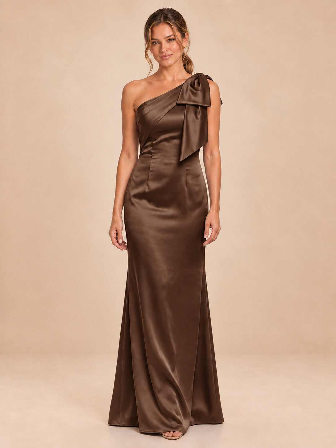 One-Shoulder Bow Satin Bridesmaid Dress