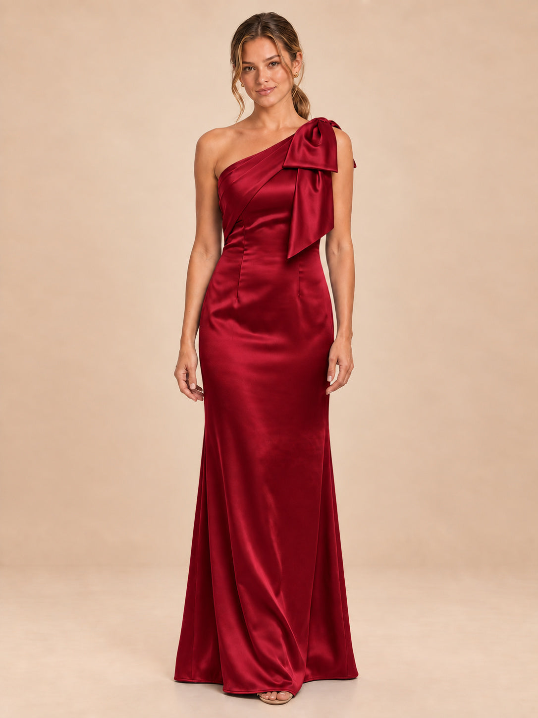 One-Shoulder Bow Satin Bridesmaid Dress