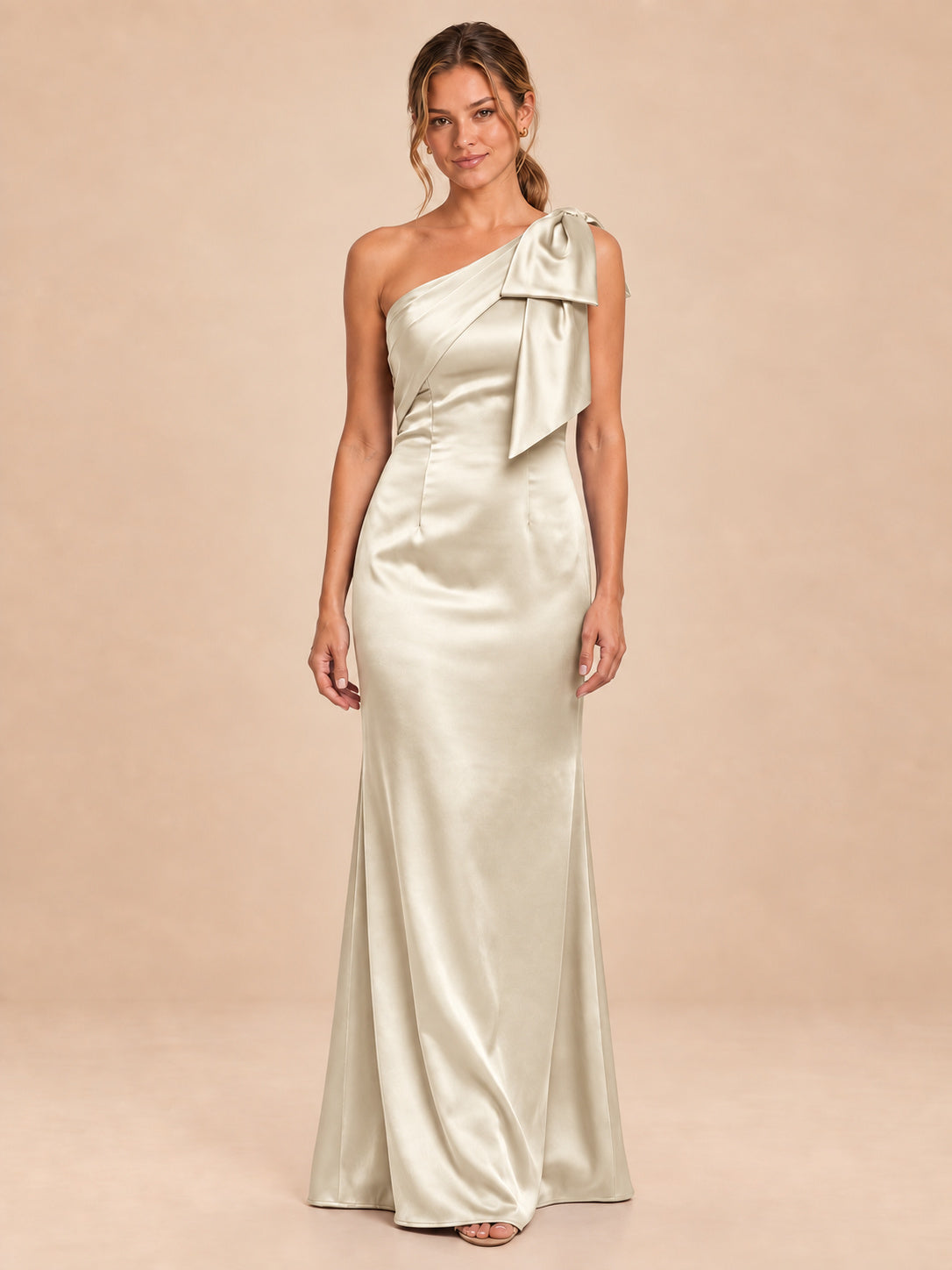 One-Shoulder Bow Satin Bridesmaid Dress