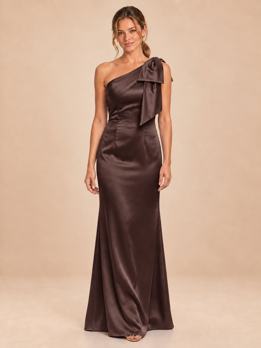 One-Shoulder Bow Satin Bridesmaid Dress