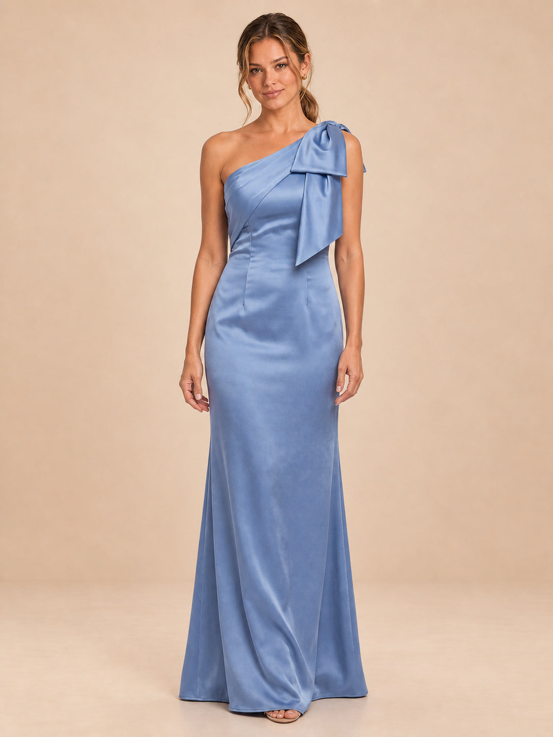 One-Shoulder Bow Satin Bridesmaid Dress