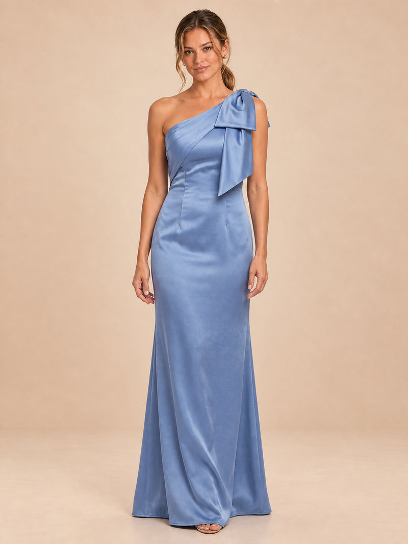 One-Shoulder Bow Satin Bridesmaid Dress