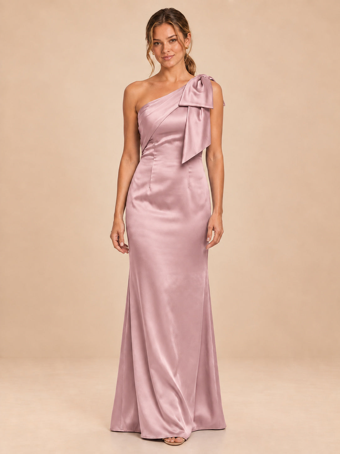 One-Shoulder Bow Satin Bridesmaid Dress