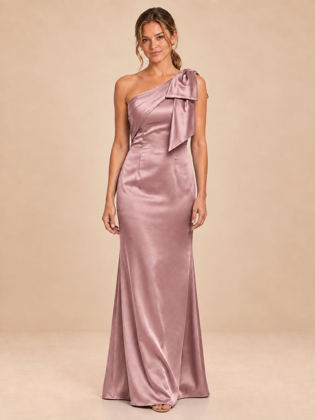 One-Shoulder Bow Satin Bridesmaid Dress