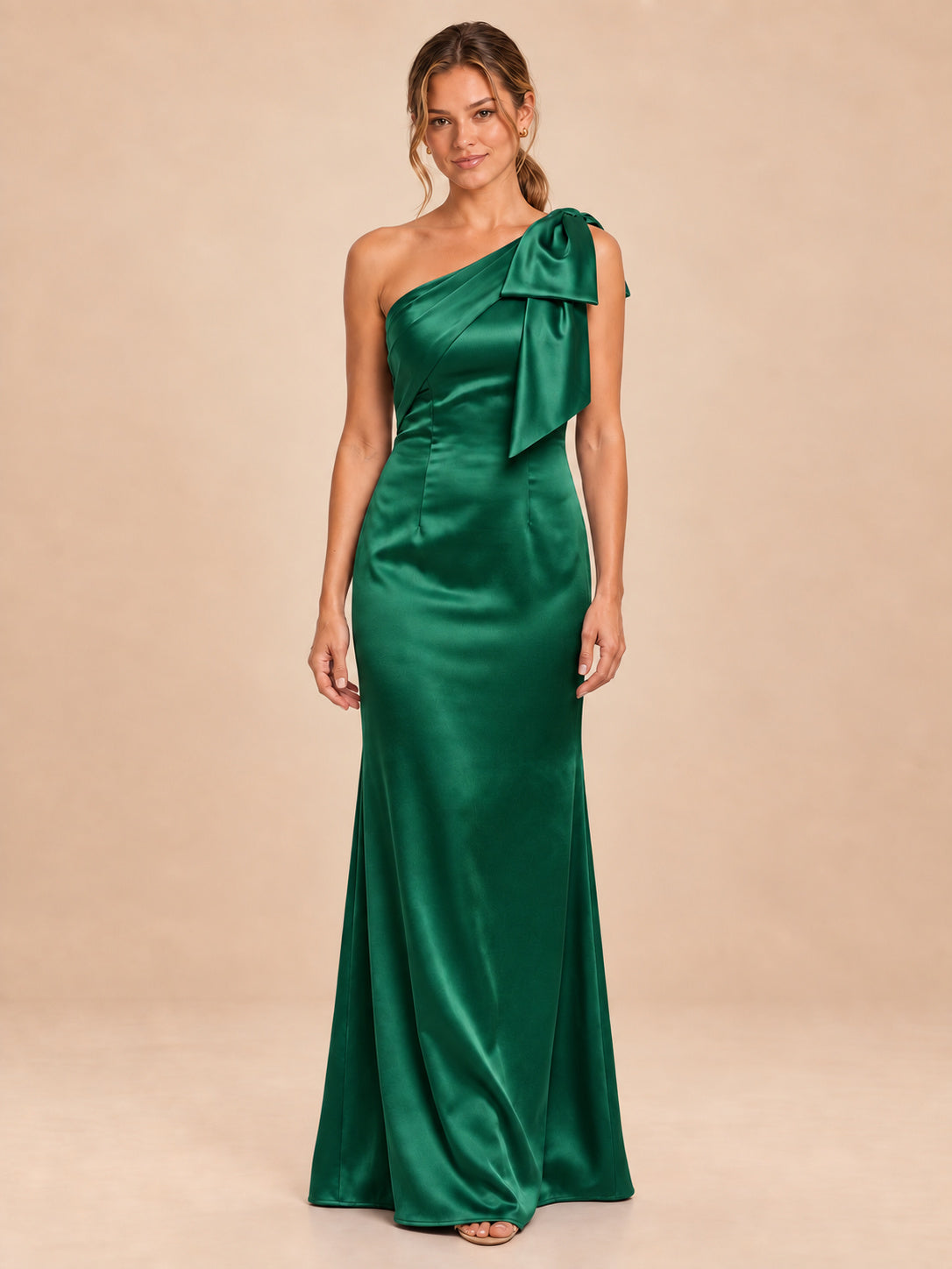 One-Shoulder Bow Satin Bridesmaid Dress